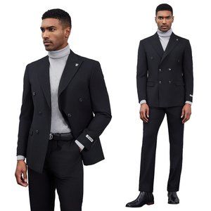 Stacy Adams Double-Breasted Peak Lapel Men's Suit, Black